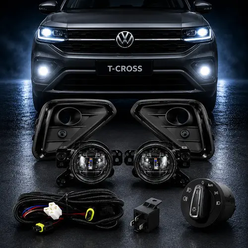 Kit Farol Milha Led T-cross Black Piano 2025 Botão Original Neblina Serra Serração Farol Farolete Baixo Alto Noite