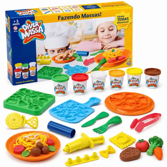 Kit Massinha de Modelar Fazendo Massas com Acessórios Forminha Potes Cortador Brinquedo Comidinha Lanchonete Confeitaria