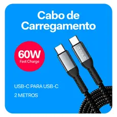 Cabo De Carregador TURBO USB Tipo-C x Tipo-C PD 60W  - 2 METROS