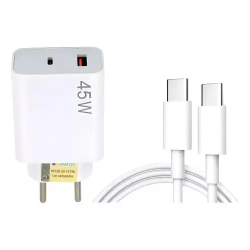 Carregador Turbo 45W Original Conjunto com Saída USB e Tipo-C + Cabo USB Carregamento Rápido Compatível Android e iPhone