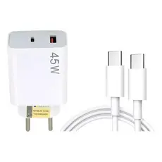 Carregador Turbo 45W Original Conjunto com Saída USB e Tipo-C + Cabo USB Carregamento Rápido Compatível Android e iPhone