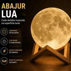 Abajur Lua 3D LED Luminária Decorativa Quarto Mesa Cabeceira Presente Criativo Base Madeira