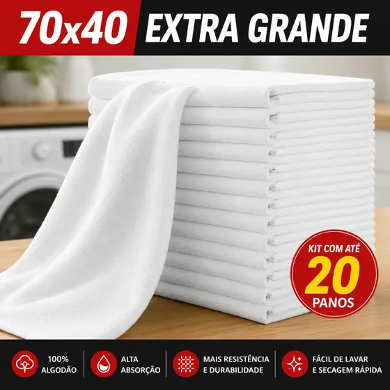 Kit 5,10 e 20 Panos de Chão Branco 70x40 Grande Grosso Saco Duplo 100% Algodão Limpeza Piso