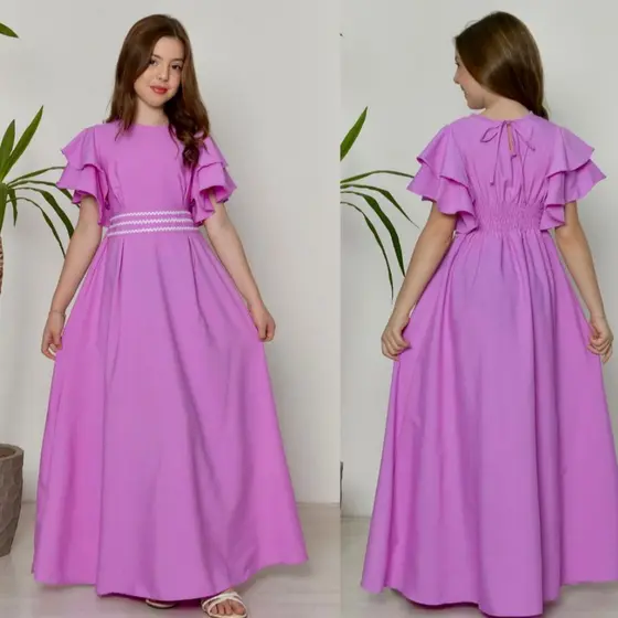 Krica Kids - Vestido Longo Juvenil Menina Festa Casamento Manga Babado Liso
