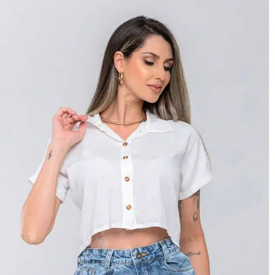Blusa Femenina Camisa Social  Con Manga Curta Liso  Moda Praia
