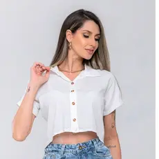 Blusa Femenina Camisa Social  Con Manga Curta Liso  Moda Praia