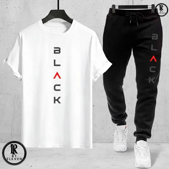 Kit Conjunto Camiseta e Calça moletom Moda masculina camiseta casual Black Malha Algodão + calça Moletom Com bolso CS01