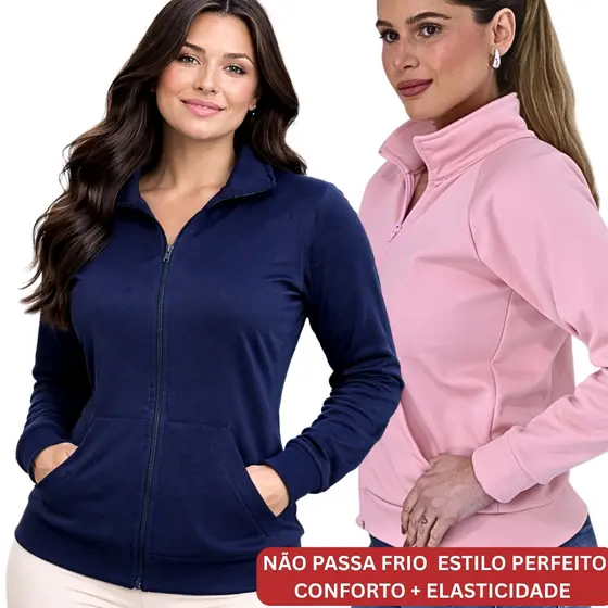 Jaqueta Feminina Bomber Moletom com Elastano Zíper Frontal Casaco de Inverno com Bolsos