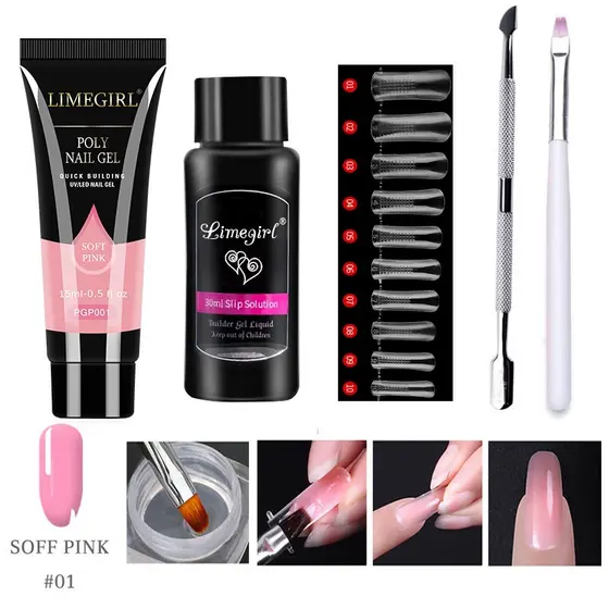 Kit Poligel Alongamento Unha 5 PÇS Polygel 15g+Molde 20 PÇ+ MONOMER + Pincel + Espatula