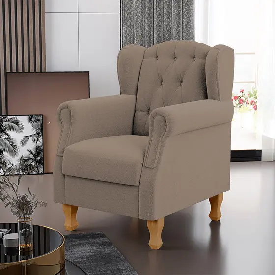 Poltrona Decorativa Para Sala de Estar Yara P02 Bouclê Bege - Lyam Decor