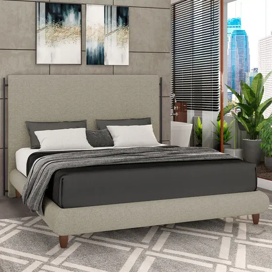 Cama Casal Queen Pés de Madeira 176cm Otto P05 Linho Bege Escuro - Lyam Decor