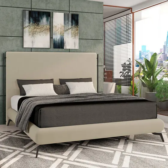 Cama Casal Pés de Ferro Estilo Industrial 156cm Otto P05 Veludo Bege - Lyam Decor