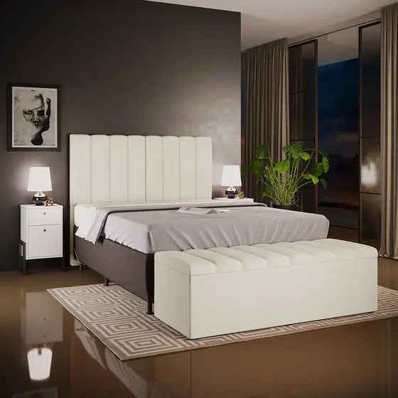 Kit Cabeceira Cama Box Casal 140cm E Calçadeira Recamier Baú Dália W01 Linho Champagne - Lyam Decor