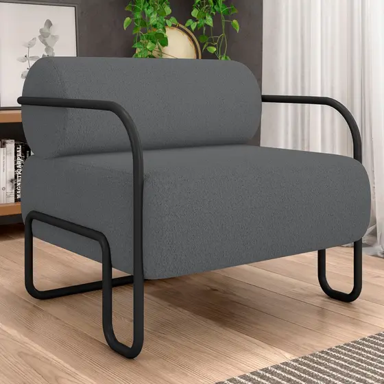 Poltrona Decorativa Pés Industrial Moscou K01 Bouclê Cinza - Lyam Decor