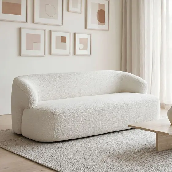 Sofá 3 Lugares Curvo Orgânico Para Sala Living 180cm Barolo L06 Bouclê Off White - Lyam Decor