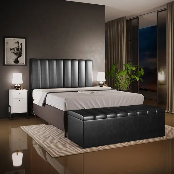 Kit Cabeceira Cama Box Casal King 195cm com Calçadeira Baú Dália W01 Couríssimo Preto - Lyam