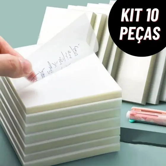 Kit 10 Blocos 50 Unidades Notas Adesivas Transparentes 75mm x 75mm Escola Escritório Bloquinho Anotações