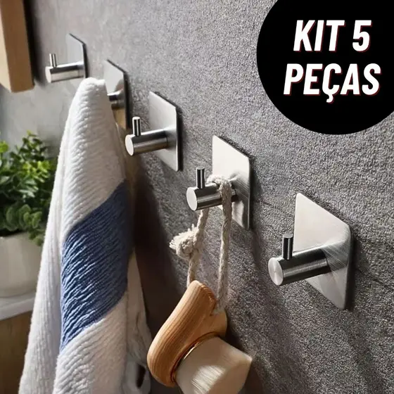Kit 5 Ganchos Inox Auto-Adesivo Parede Pendurar Toalhas Multiuso