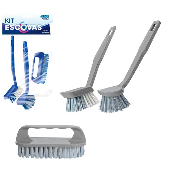 Kit 3 Escovas Multiuso Cabo Plastico Clean Tech Banheiro Lavabo Cozinha Lavanderia