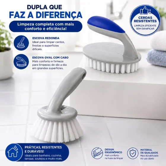 Kit 2 Escovas Multiuso Ergonômicas - Lavanderia - Cozinha - Banheiro - Rejunte - Azulejo