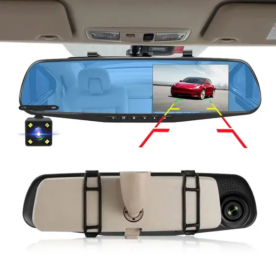 Câmera Veicular DVR 4.3" Espelho Retrovisor FHD 1080P com Lente Dupla, Gravador de Vídeo Automotivo
