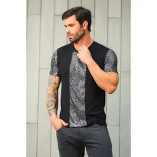 Camiseta Masculina JotaVê Preta em Viscolycra Mangas e Detalhes em Paetê Moda Casual