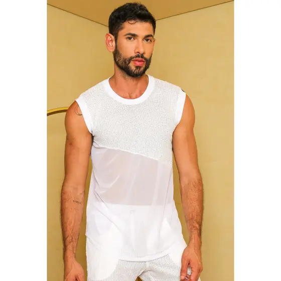 Regata Masculina JotaVê em Tule Branco Detalhe em Paetê Moda Masculina Verão