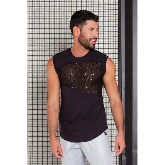 Regata Masculina JotaVê Viscolycra Preta com Detalhe Paetê Preto Moda Masculina