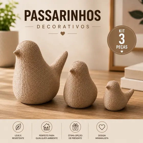 Mini Pássaros Decorativos para Sala, Escritório e Estante - Kit 3 Unidades