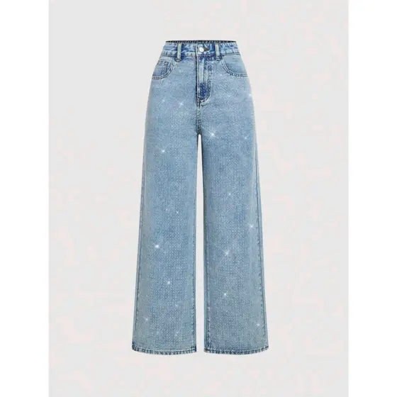 Calça Jeans Feminina Pantalona Wide Leg Com Bolsa Cintuta Alta Com Glitter