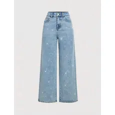 Calça Jeans Feminina Pantalona Wide Leg Com Bolsa Cintuta Alta Com Glitter