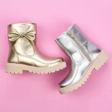 Bota Infantil Menina Coturno Tratorada Metalizada Brilho Casual Passeio Laço Confortável