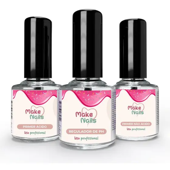 Kit Preparadores Make Nails Primer Ácido + Primer Não Ácido + Regulador De PH Unhas De Gel Acrigel E Porcelana