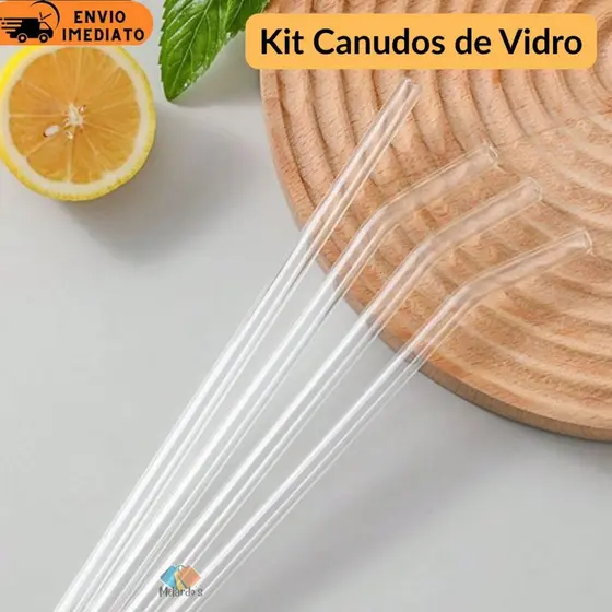 Kit Canudos De Vidro Transparente Canudo Reutilizável - 2 Retos + 2 Curvos + Escova