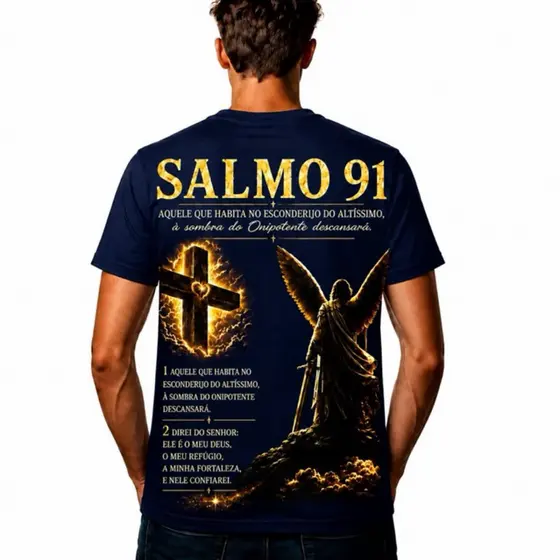 Camiseta Masculina Evangelica Gospel Salmo 91 Aqule Que Habita No Esconderijo Do Altissimo Fé Cor Preta Macia