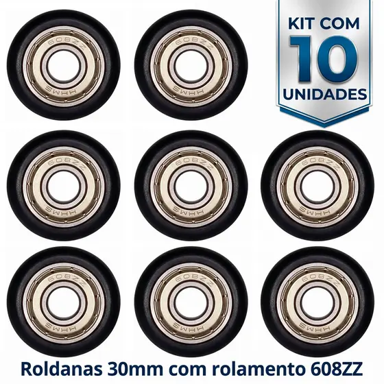 Kit 10 Roldanas 30mm 608zz Para Porta E Box De Sacada Vidro Preta