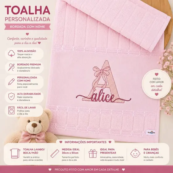 Toalha Bordada Personalizada com Nome Toalha de Boca e Mão Bebê Presente Unid Kit 2 ou 3