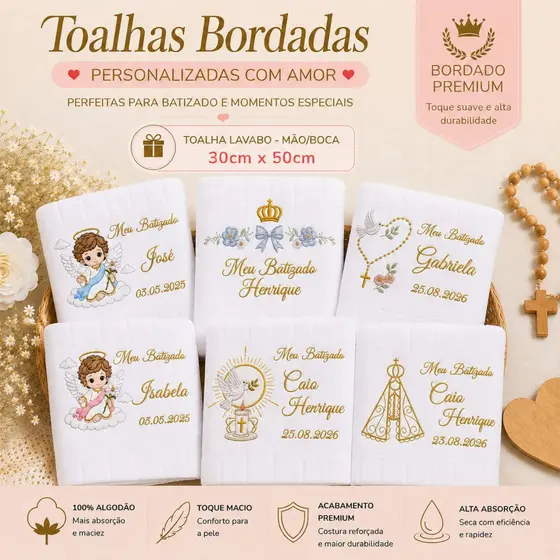 Toalha Batizado Bordada Personalizada com Nome e Data Batismo Presente Religioso Bebê 30cm X 50cm