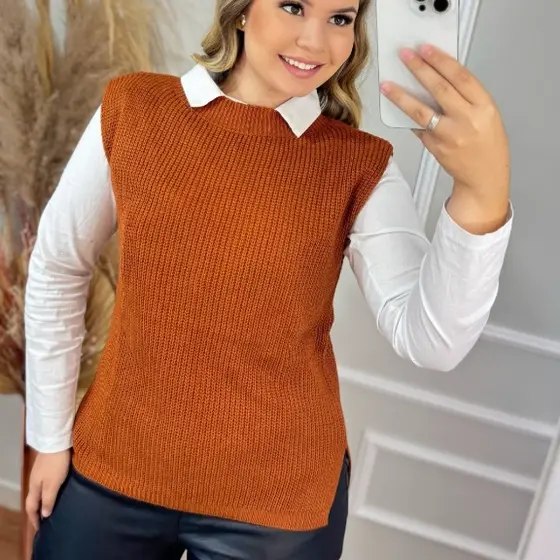 Colete Max Fang Trico Mulet Fenda Lateral Tricot Pullover Moda Feminina Inverno 2026