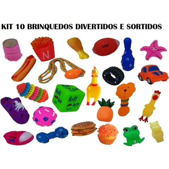 Kit 10 Brinquedos Mordedor Cachorro Filhote Anti Estress Pet Galinha Bola Diversos Borracha