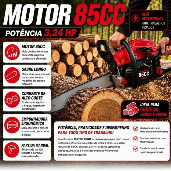 MOTOSSERRA A GASOLINA KASAC 85CC COMPLETA PROFISSIONAL