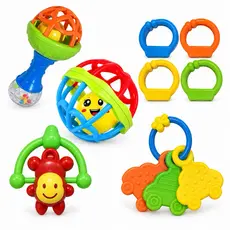 Kit Brinquedo Bebe Chocalho Mordedor Silicone Macio Bola Colorida 8 Peça Presente Para Menina e Menino Móbile para Berço