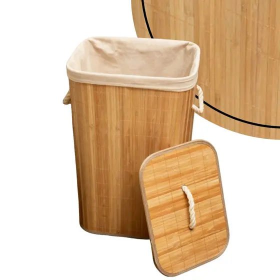 Cesto Organizador Multiuso de Bambu C/Tampa Alças Corda Para Roupas Lavanderia