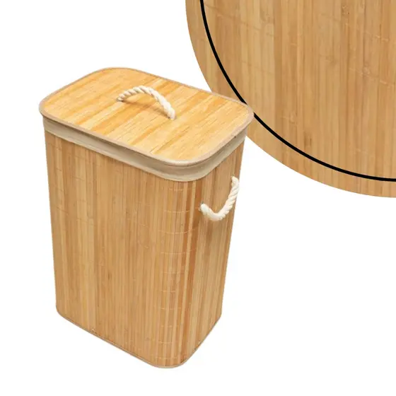 Cesto Organizador Multiuso de Bambu C/Tampa Alças Corda Para Roupas Lavanderia