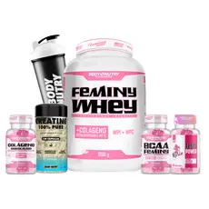 Kit Academia Feminino - Whey Protein + Creatina + Colágeno, BCAA e Testo| Massa, Pós Treino e Beleza