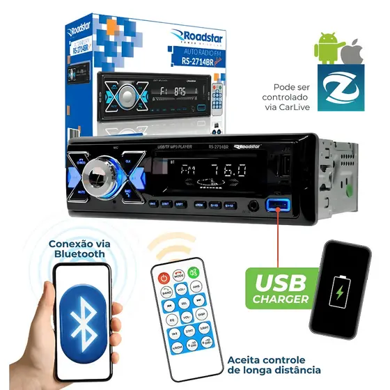 Rádio Carro Som Automotivo Roadstar Rs-2714BR Plus Com Usb Bluetooth E Leitor De Cartão Rádio FM