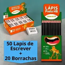 Kit 50 Lápis de Escrever Preto + 20 Borrachas Escola Escritório
