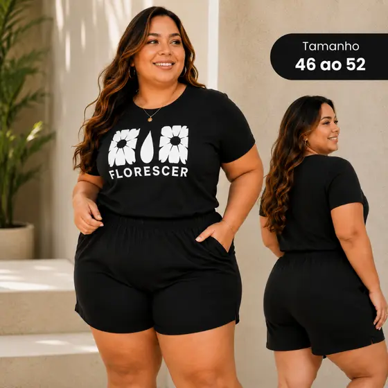 Conjunto Feminino Blusa e Short Plus Size com Bolso 46 ao 52 100% Algodão