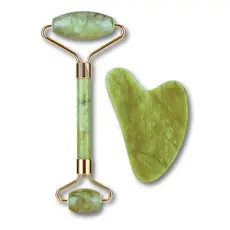 Kit Rolo Massageador Facil Pedra Jade + Gua Sha Pedra De Jade Anti Rugas