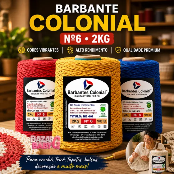 Barbante Colonial 2Kg Fio 6 Premium Crochê Tricô Tapete Artesanato e Decoração